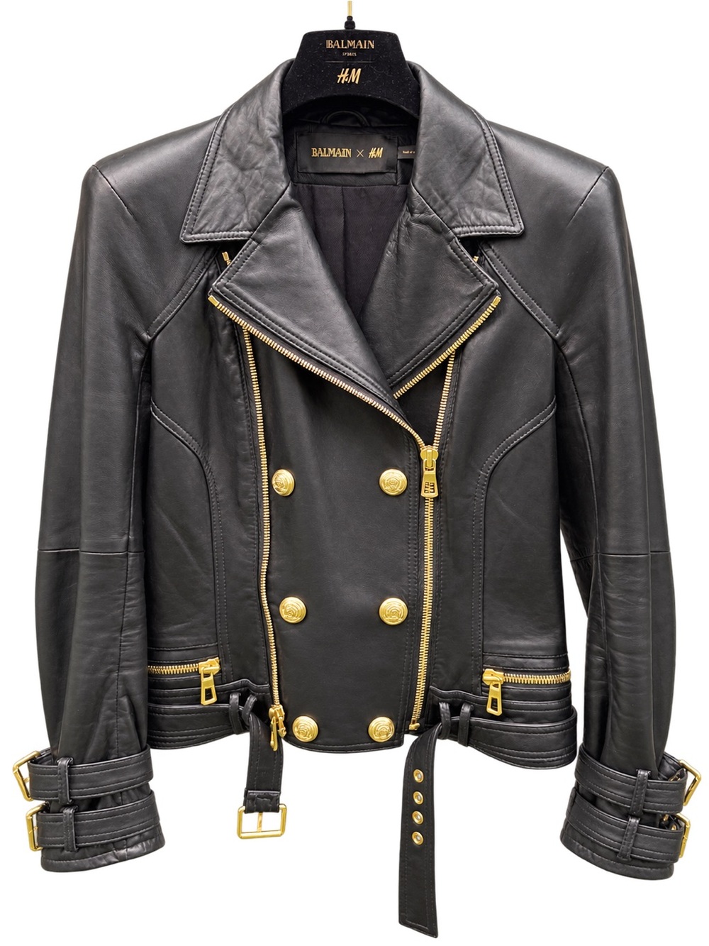 Balmain Black Leather Double-Breasted Biker Jacket with Gold Hardware